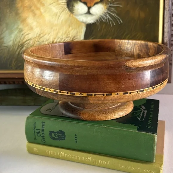 Vintage Turned Wooden Decorative Footed Bowl Compote Inlaid Aztec Marquetry - Picture 13 of 16